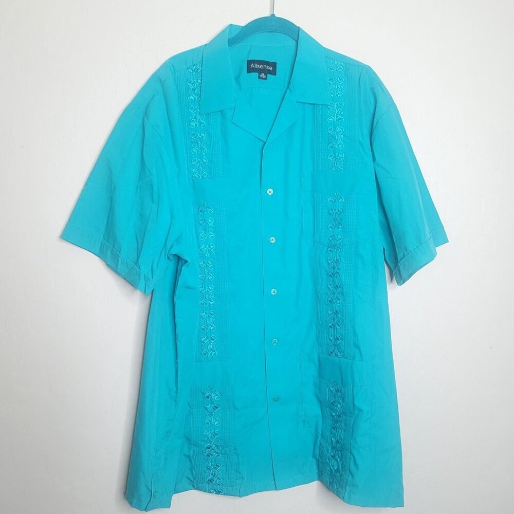 Allsense Shirt Mens XL Guayabera Blue Button Up Short Sleeve Casual Four Pockets